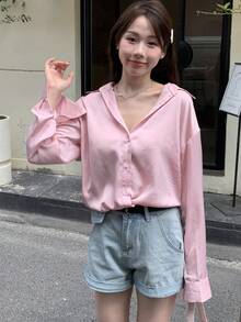 DAZY Letter Graphic Drop Shoulder Oversized Shirt - Pink - View 5