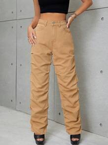 SHEIN ICON Ruched Straight Leg Jeans - Apricot - View 5