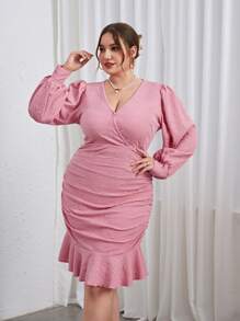 SHEIN Privé Talla grande Vestido de manga farol fruncido bajo con fruncido - Rosa - Ver 3