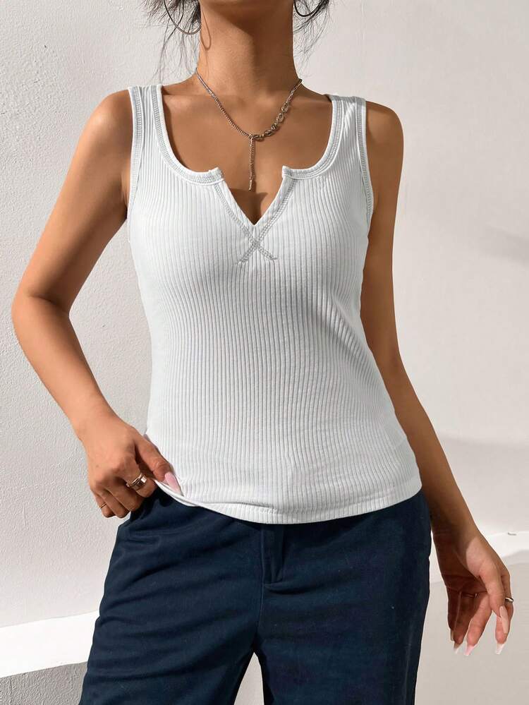 Notched Neck Ribbed Knit Tank Top