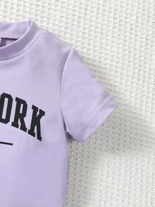 SHEIN Baby Boy Letter Graphic Tee & Shorts - Purple - View 5