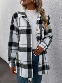 EMERY ROSE Áo khoác nữ Túi Nút phía trước Sọc ca rô Giải trí - Nhiều màu - Xem 6