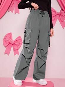 SHEIN Teen Girl Flap Pocket Drawstring Waist Cargo Pants - Grey - View 5