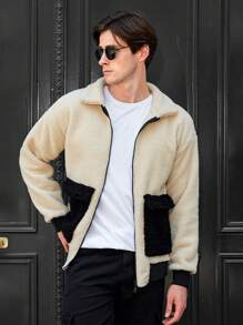 RueChic Men Contrast Panel Drop Shoulder Zipper Teddy Jacket - Multicolor - View 6