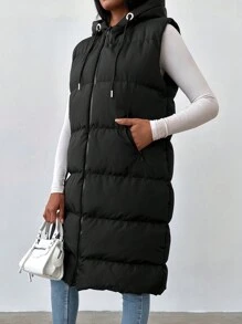 EURMUSE Zip Up Drawstring Hooded Puffer Vest Coat - Black - View 4