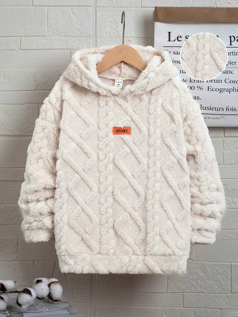 SHEIN Casual Patch & Plush Hooded Sweatshirt For Tween Boys - White - View 1