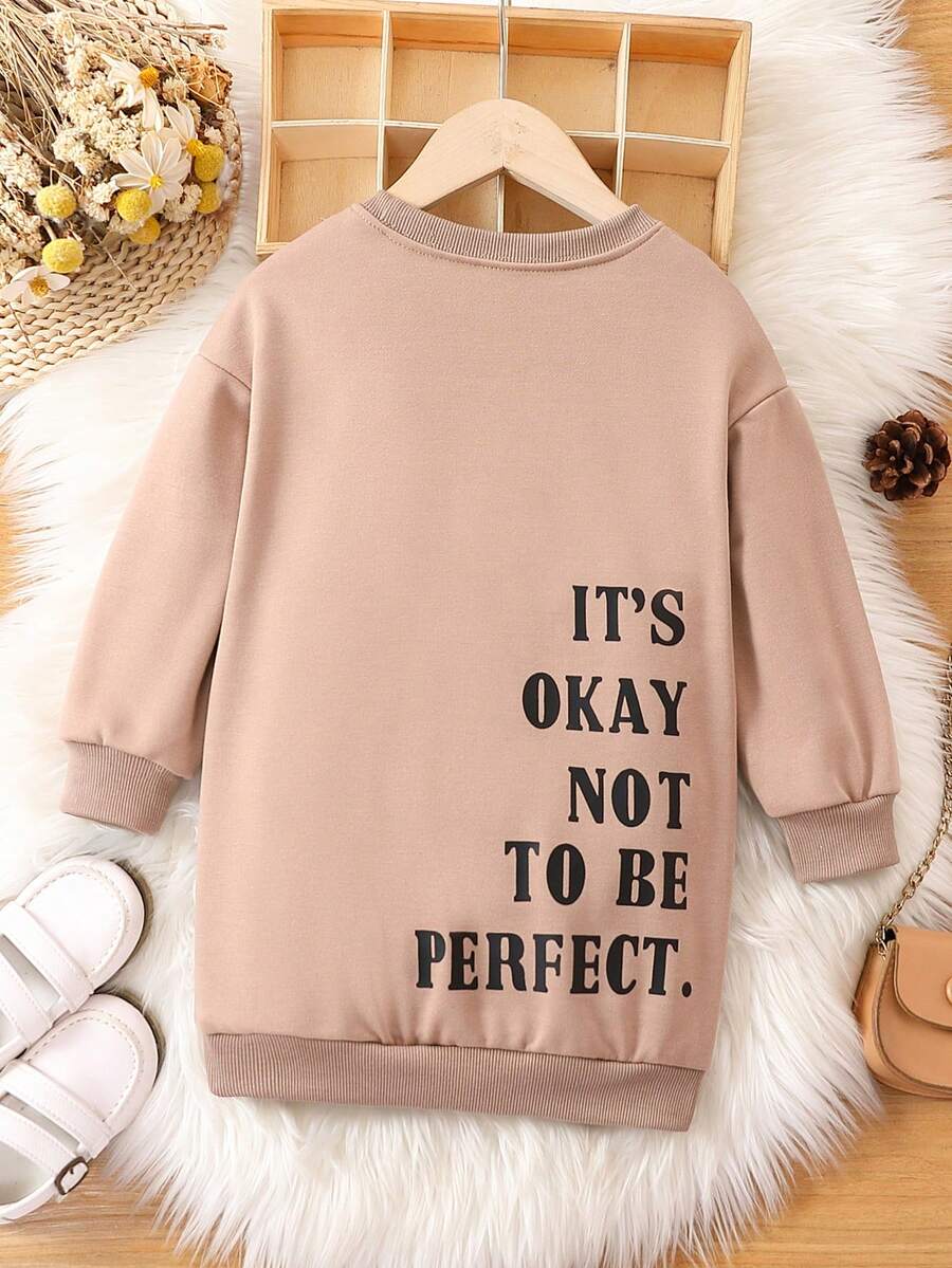 SHEIN 女小童標語圖案落肩袖衛衣洋裝 - 卡其色 - 查看 1