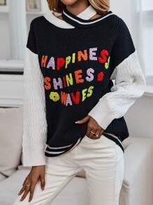 SHEIN LUNE Suéter de punto con bloque de color y hombros caídos con estampado de eslogan para otoño e invierno - Blanco y Negro - Ver 4