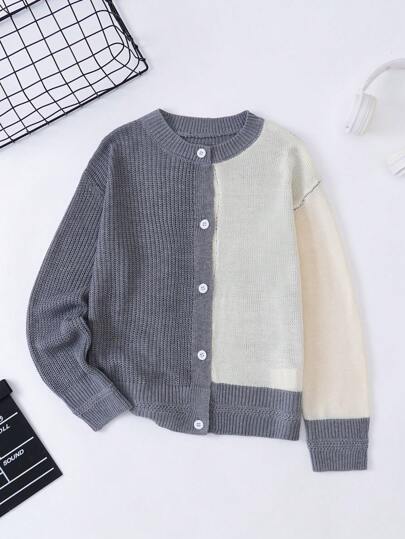 Tween Boy Color Block Ribbed Knit Cardigan