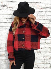 SHEIN LUNE Buffalo Plaid Print Drop Shoulder Teddy Jacket - Red - View 5