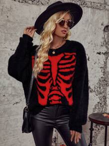 SHEIN LUNE Halloween Skeleton Pattern Drop Shoulder Fuzzy Sweater - Black - View 1