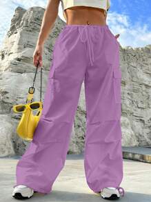 SHEIN EZwear Túi nắp bên cạnh Eo dây rút Quần Cargo - Màu tím - Xem 3