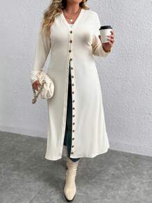 Calvaya Plus Button Front Longline Coat Fall Winter Cloth For Women Autumn - Apricot - View 3