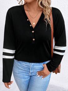 SHEIN LUNE 条纹印花半纽扣 T 恤图案 T 恤女式上衣 - 黑色 - 查看 5