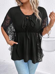 SHEIN Unity Hơn Ren tương phản Cà vạt Xoay eo Áo thun - màu đen - Xem 1