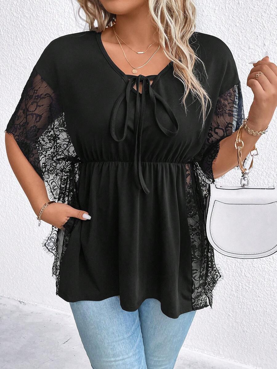 SHEIN Unity Hơn Ren tương phản Cà vạt Xoay eo Áo thun - màu đen - Xem 1