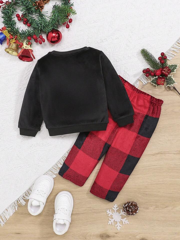 SHEIN Baby Boy Patched Pocket Pullover Buffalo Plaid Pants SHEIN USA