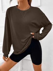 SHEIN EZwear 山和月亮印花落肩T恤 - 巧克力棕 - 查看 2