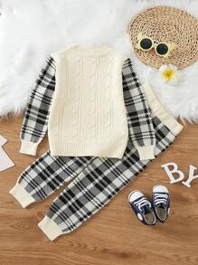 小男孩格子圖案毛衣和針織褲 - 杏色 - 查看 2