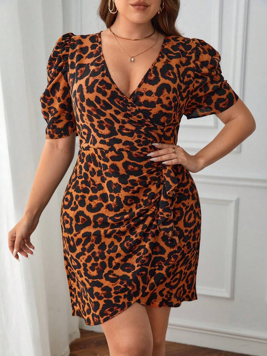 SHEIN Clasi Plus Leopard Print Puff Sleeve Ruffle Trim Wrap Dress - Brown - View 1