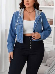 SHEIN Essnce Plus Flap Pocket Drawstring Hooded 2 In 1 Denim Jacket - Light Wash - View 4