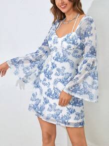 SHEIN VCAY 山水圖案荷葉袖洋裝