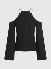 Blunt burn Goth Letter Graphic Cold Shoulder Tee - Black - View 2