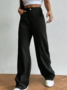 SHEIN EZwear Pantalon Ample Unicolore - Noir - Voir 3