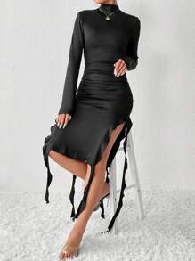 SHEIN Privé Cổ giả Xù Tách đùi Đầm - màu đen - Xem 4