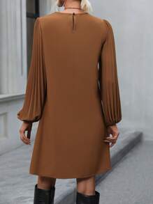 SHEIN Clasi Solid Pleated Lantern Sleeve Tunic Dress,Ladies Casual Pleated Long Sleeve Round Neck Regular Fit Short Brown Bishop Sleeve Plain Tunic Women Short Dresses,Spring/Fall,Casual Daily Wear