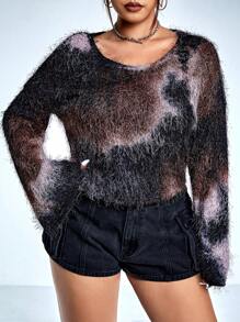 SHEIN ICON 大碼毛茸茸紮染荷葉袖T恤 - 彩色 - 查看 1