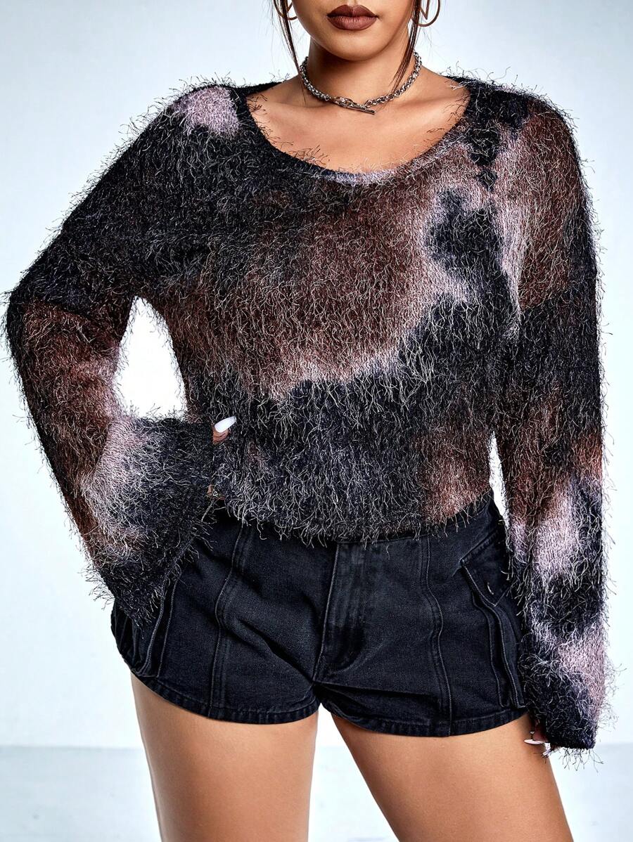 SHEIN ICON 大碼毛茸茸紮染荷葉袖T恤 - 彩色 - 查看 1