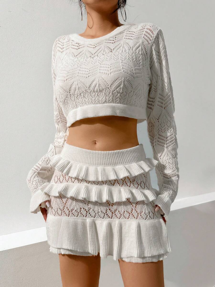SHEIN Qutie Chất rắn Áo len Crop & Viền Ruffle Váy dệt kim - trắng - Xem 1
