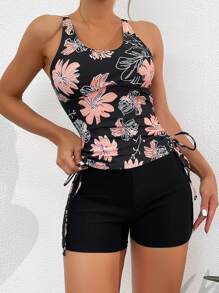 Swim Lushoire Summer Beach Floral Print Drawstring Side Tankini - Multicolor - View 1