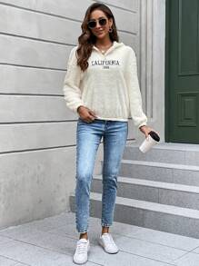 SHEIN LUNE Letter Embroidery Drop Shoulder Teddy Hoodie - Multicolor - View 3