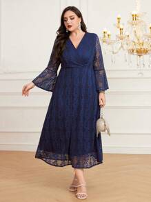 Modelyn 大碼翻領喇叭袖蕾絲洋裝 - 藏蓝色 - 查看 5