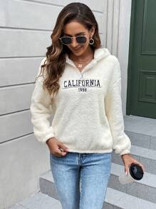 SHEIN LUNE Letter Embroidery Drop Shoulder Teddy Hoodie - Multicolor - View 7