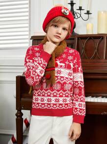 SHEIN Tween Boy Christmas Pattern Sweater,In Fall/Winter - Red and White - View 1