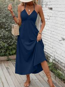 Breezaya Đầm Maxi Cổ Chữ V Halter Hở Lưng Buộc Dây Chắc Chắn Trang Phục Đi Biển Cho Nữ - Màu xanh hải quân - Xem 5