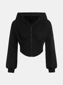 SHEIN ChillGRL Teen Girl Zip Up Crop Sweatshirt - Black - View 1