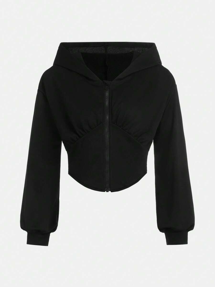 SHEIN ChillGRL Teen Girl Zip Up Crop Sweatshirt - Black - View 1