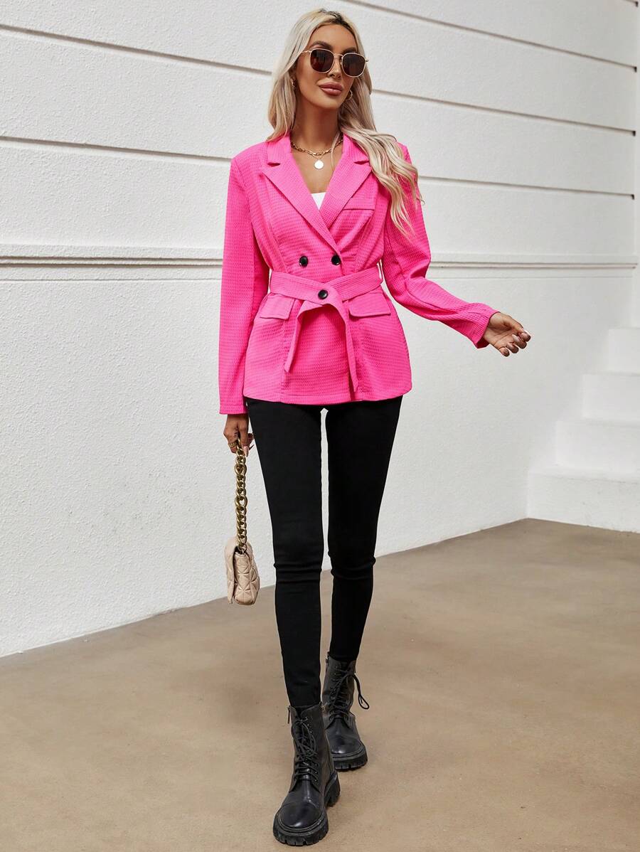 Chiquease Lapel Neck Double Breasted Belted Blazer Fall Cloth For Women - Hot Pink - View 1