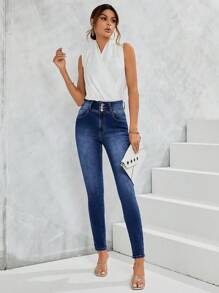 SHEIN LUNE Zipper Fly Skinny Jeans - Medium Wash - View 1