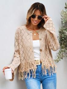 SHEIN VCAY Fringe Hem Pointelle Knit Cardigan - Khaki - View 1