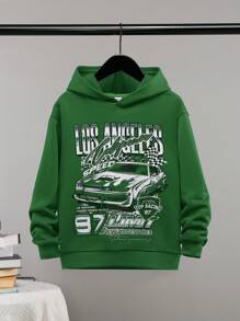 SHEIN 男大童汽車和字母圖案連帽衛衣 - 綠色 - 查看 1