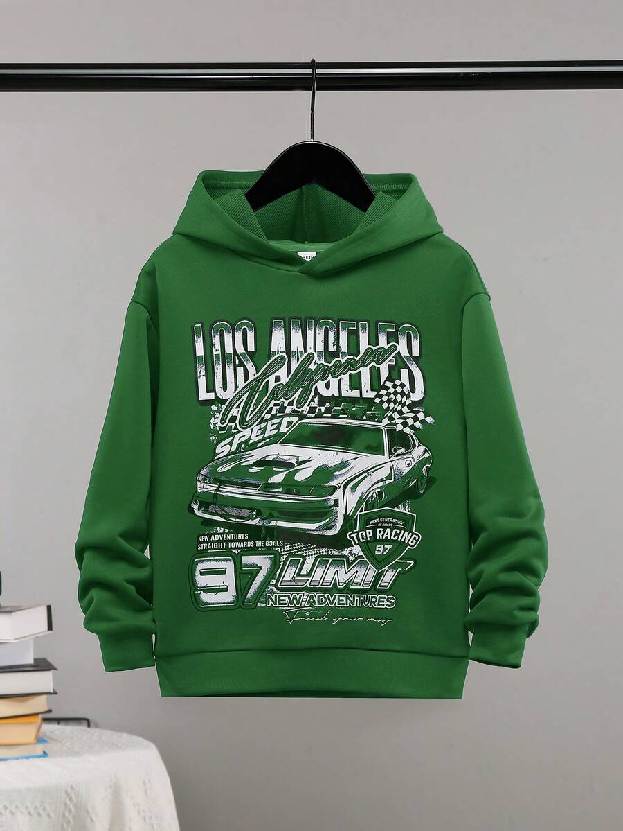 SHEIN 男大童汽車和字母圖案連帽衛衣 - 綠色 - 查看 1