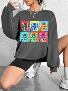 SHEIN EZwear 貓印花落肩袖運動衫 - 深灰色 - 查看 3