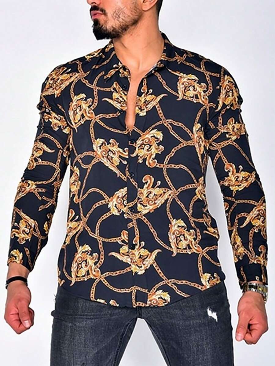 男士巴洛克風格圖案前排扣襯衫 - 彩色 - 查看 1