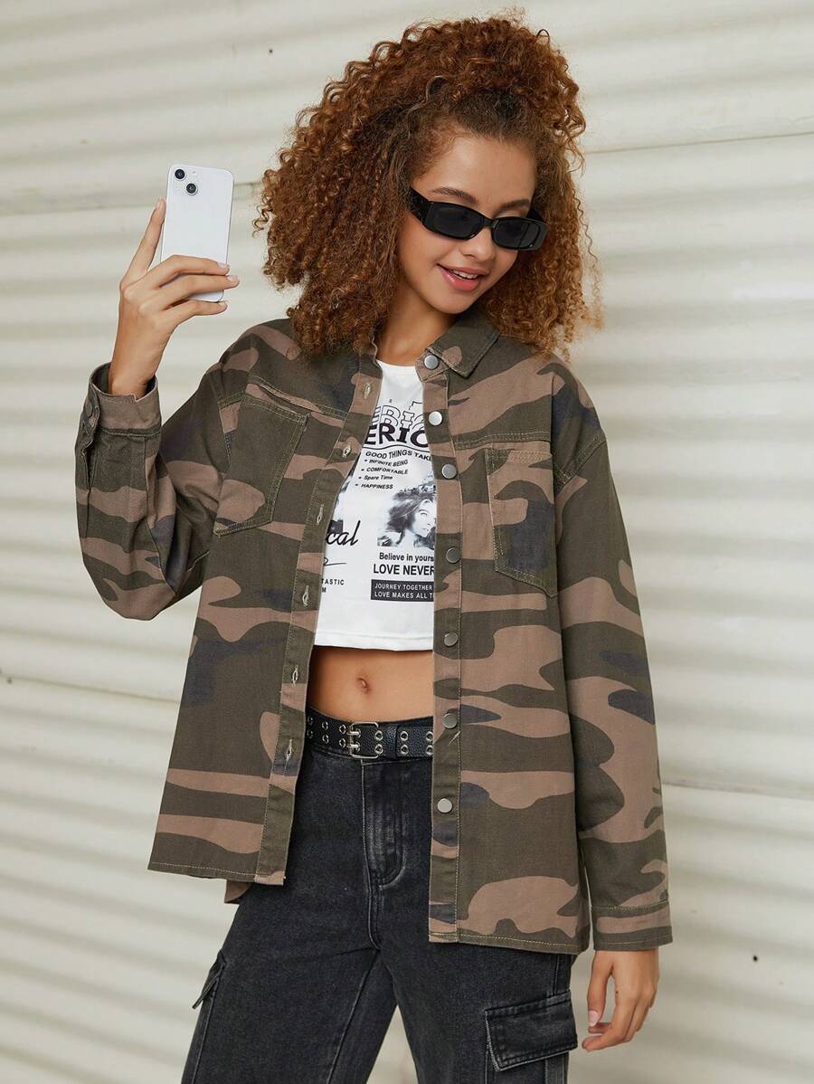 Thiếu niên cô gái Camo In Lót nhiệt Áo khoác denim Không có Áo khoác - xanh quân đội - Xem 1