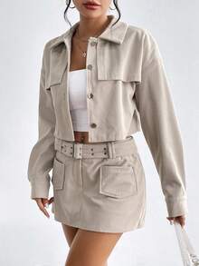SHEIN Essnce Drop Shoulder Crop Jacket & Belted Skirt - Light Grey - View 4